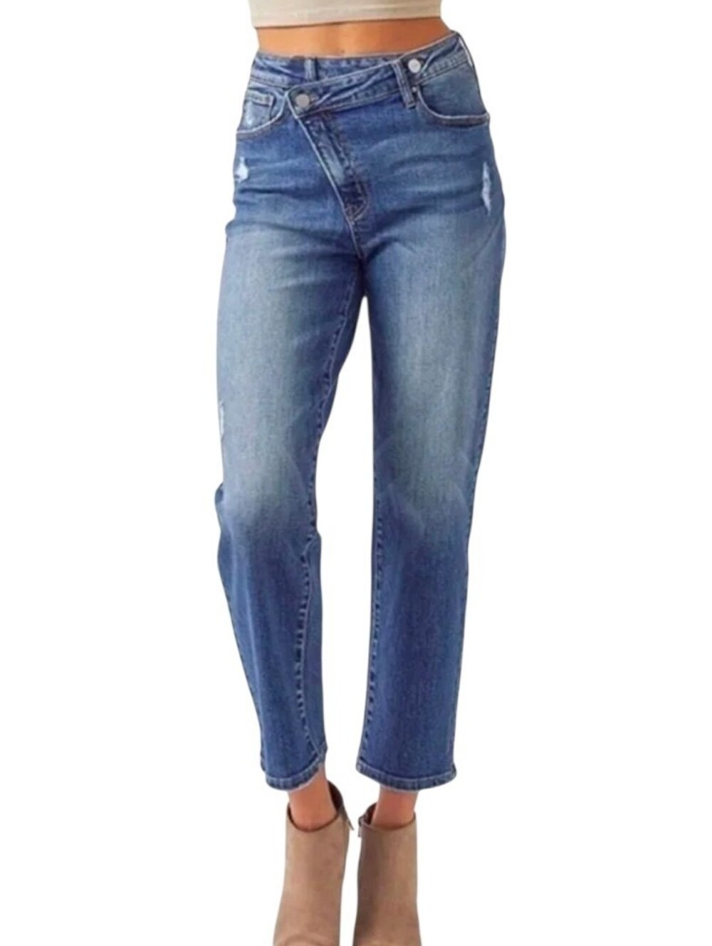 Risen Jeans High Waisted Crossover Tapered Jeans Cropped Distressed Stretch 7 28